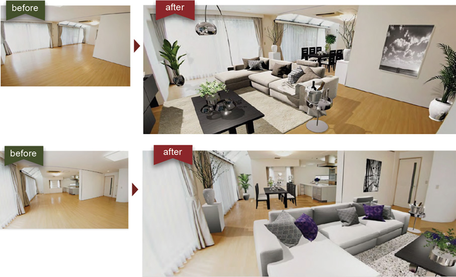 360度カメラで撮影した室内写真に、CG家具・小物をバーチャルコーディネートして物件をより魅力的に演出