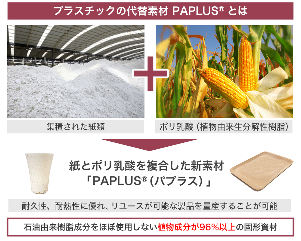 石油成分をほぼ0％で作ったプラスチックの代替素材「PAPLUS（パプラス）」