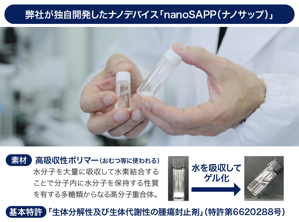 水を吸収することでゲル状になる物質「SAP（サップ）」をナノサイズまで微小化した「nanoSAPP（ナノサップ）」