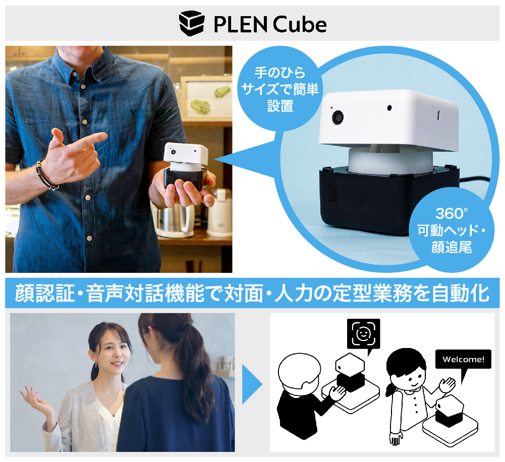 プレンロボティクス株式会社が開発した顔認証AI接客ロボット「PLEN Cube」